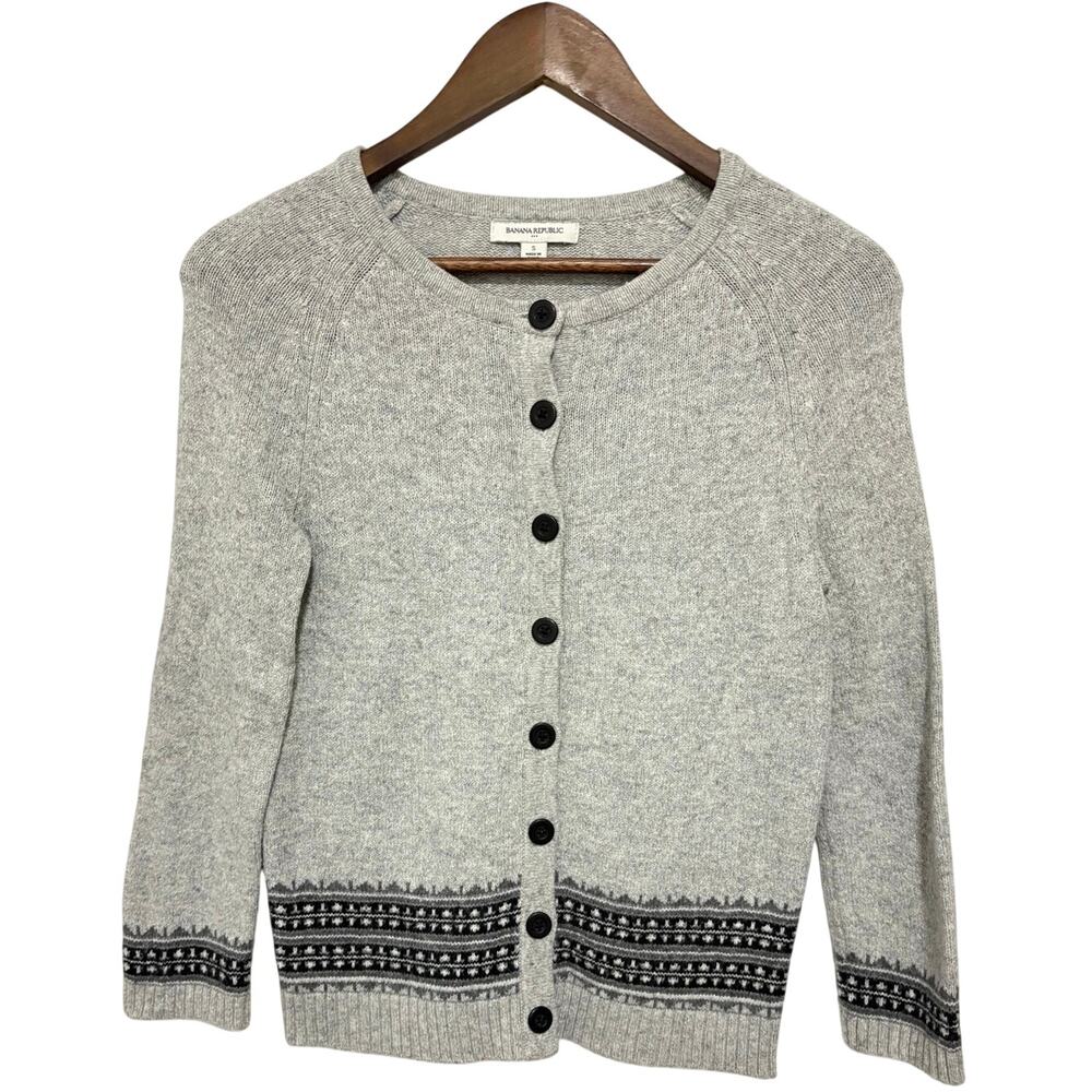 Banana Republic Womens S Gray Fair Isle Wool Blend Button Cardigan Sweater